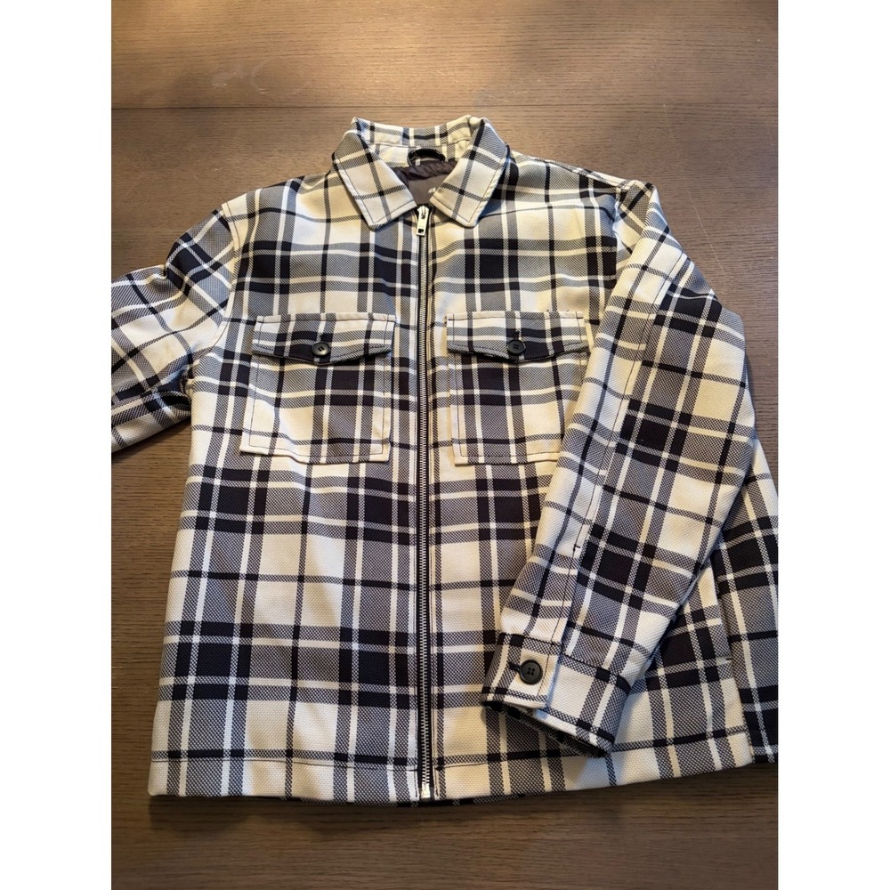 HM Mens Black White Plaid Zip Up Shirt Jacket Large 0944413 S